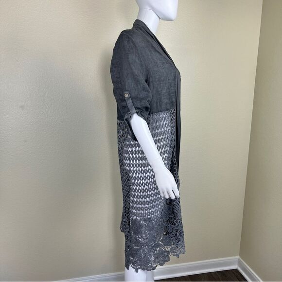 Italy Linen Women Size OS Gray Roll Sleeves Embroidered Cardigan NEW Long Line - Picture 13 of 15